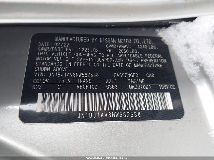 2022 Nissan Rogue Sport S Fwd Xtronic Cvt VIN: JN1BJ1AV8NW582538 Lot: 43966744