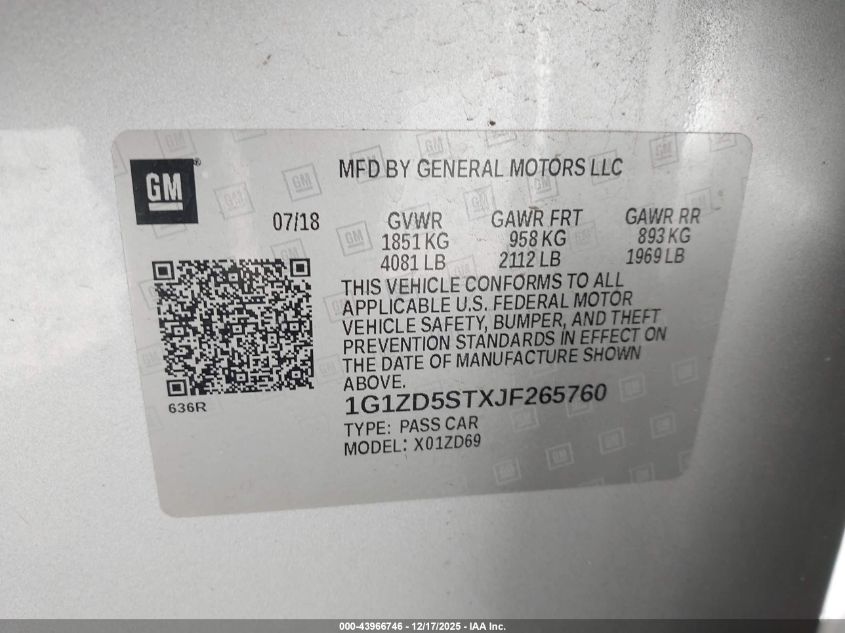 2018 Chevrolet Malibu Lt VIN: 1G1ZD5STXJF265760 Lot: 43966746