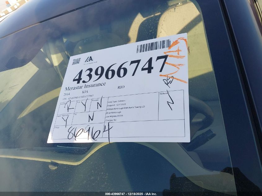 2014 Kia Rio Lx VIN: KNADM5A3XE6333965 Lot: 43966747