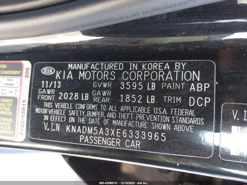 2014 Kia Rio Lx VIN: KNADM5A3XE6333965 Lot: 43966747