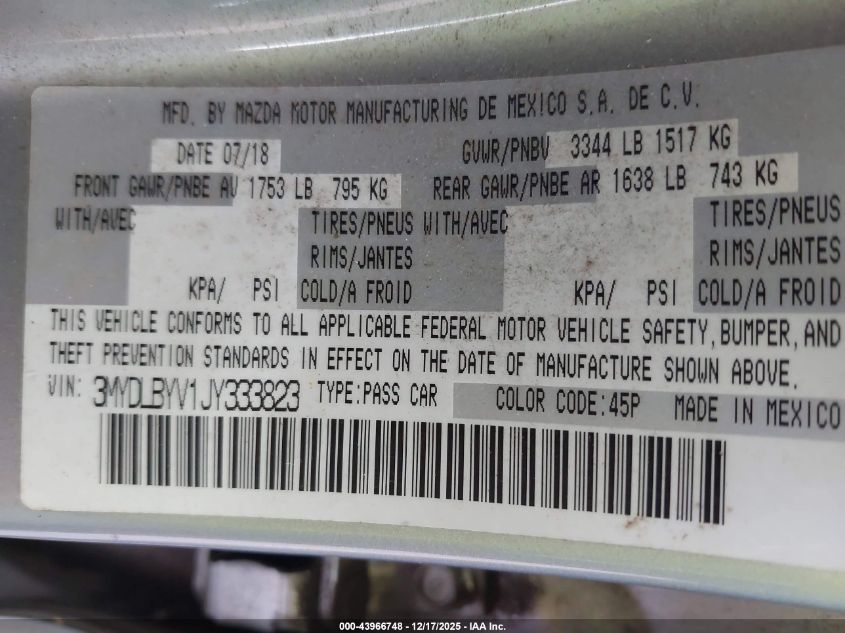 2018 Toyota Yaris Ia VIN: 3MYDLBYV1JY333823 Lot: 43966748