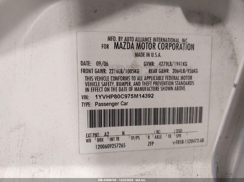 2007 Mazda Mazda6 I Sport Ve VIN: 1YVHP80C975M14392 Lot: 43966749