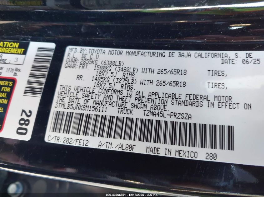 2025 Toyota Tacoma Trd Sport VIN: 3TMLB5JNXSM156111 Lot: 43966751