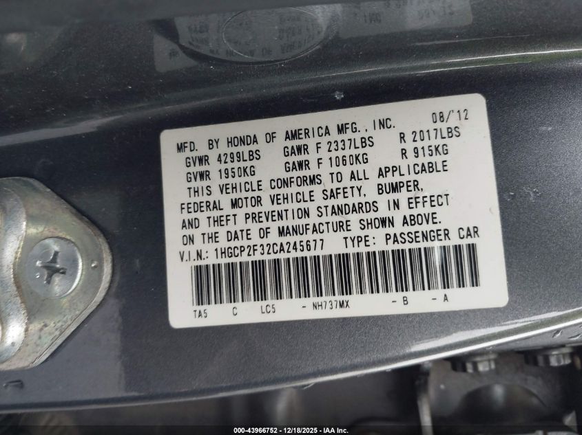 2012 Honda Accord 2.4 Lx VIN: 1HGCP2F32CA245677 Lot: 43966752