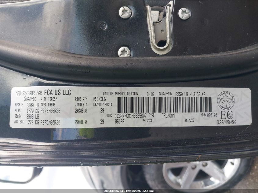 2017 Ram 1500 Slt VIN: 1C6RR7GM1HS525607 Lot: 43966754