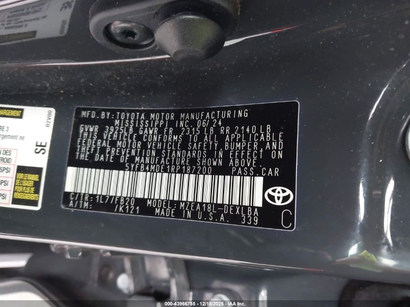 2024 Toyota Corolla Le VIN: 5YFB4MDE1RP187200 Lot: 43966755