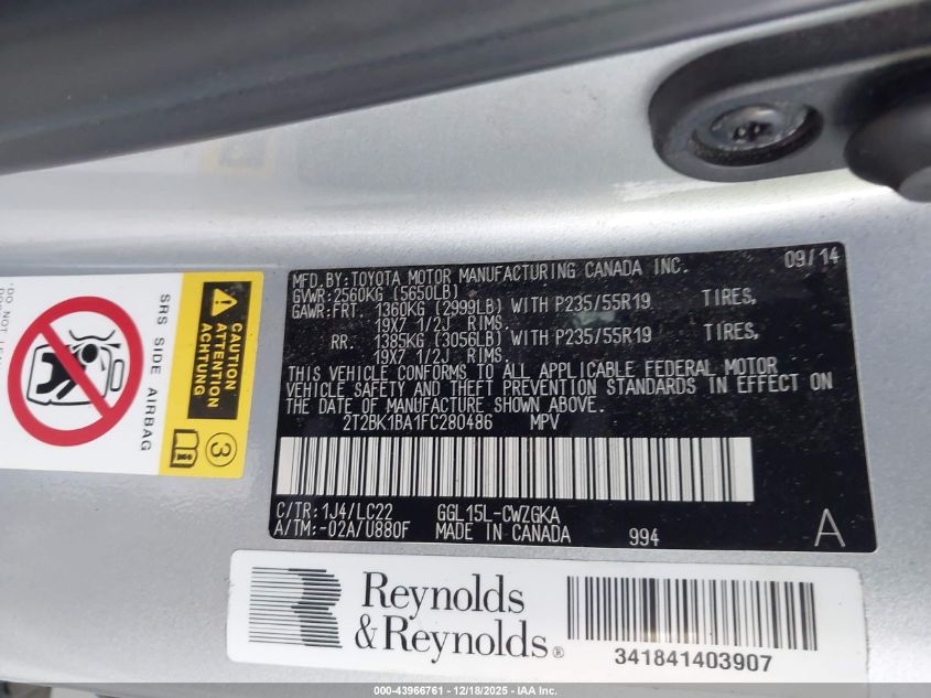 2015 Lexus Rx 350/Base/F Sport VIN: 2T2BK1BA1FC280486 Lot: 43966761