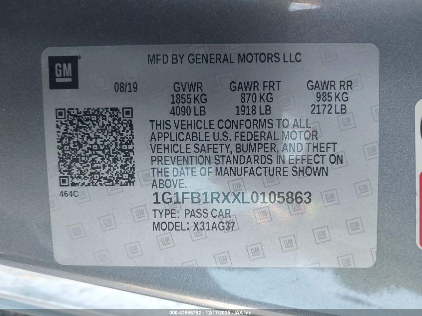 2020 Chevrolet Camaro Rwd 1Lt VIN: 1G1FB1RXXL0105863 Lot: 43966762