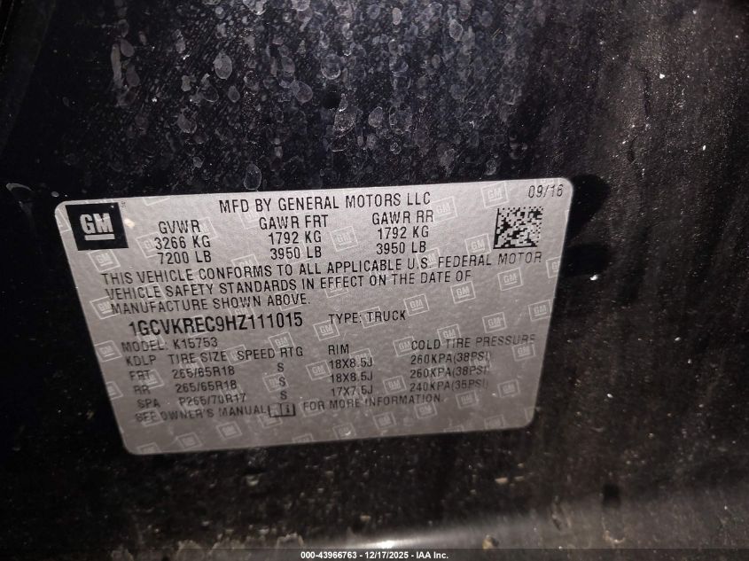 2017 Chevrolet Silverado 1500 2Lt VIN: 1GCVKREC9HZ111015 Lot: 43966763