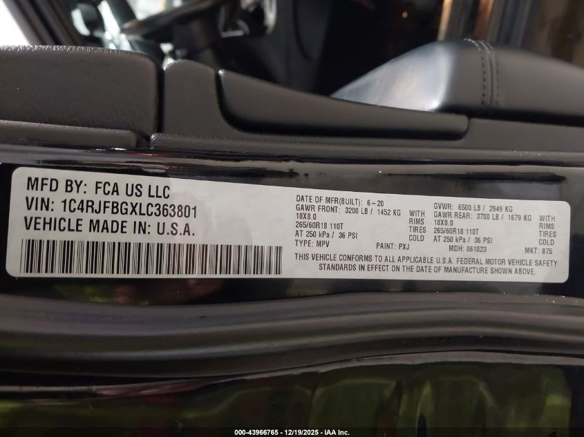 2020 Jeep Grand Cherokee Limited 4X4 VIN: 1C4RJFBGXLC363801 Lot: 43966765