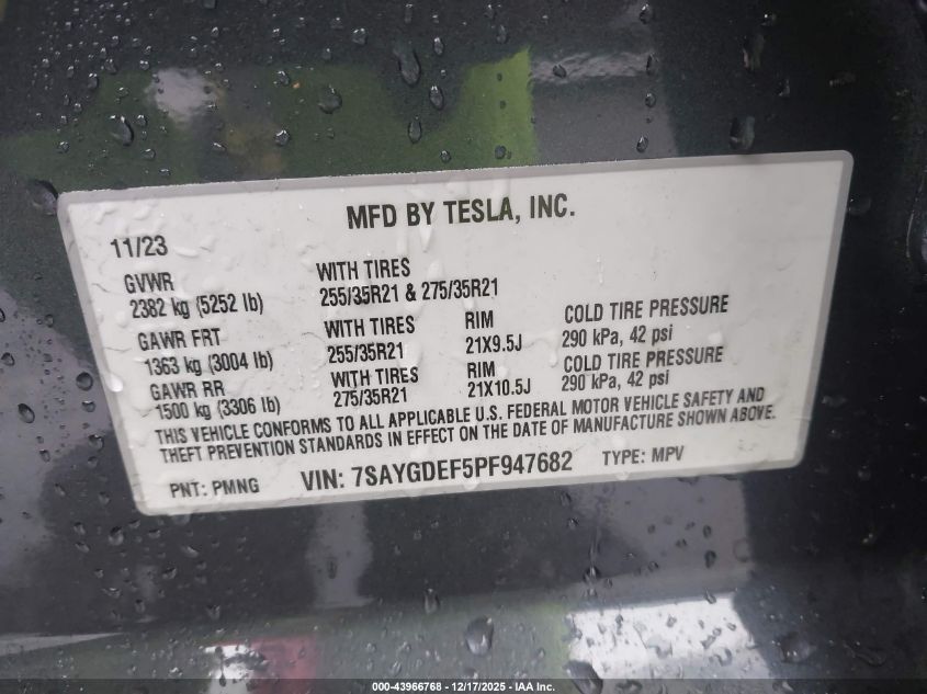 2023 Tesla Model Y Performance Dual Motor All-Wheel Drive VIN: 7SAYGDEF5PF947682 Lot: 43966768