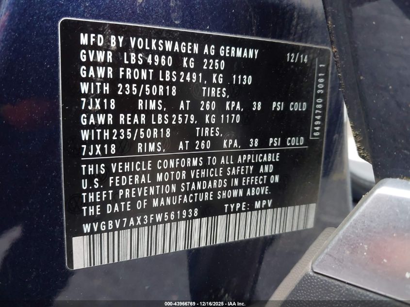2015 Volkswagen Tiguan Se VIN: WVGBV7AX3FW561938 Lot: 43966769
