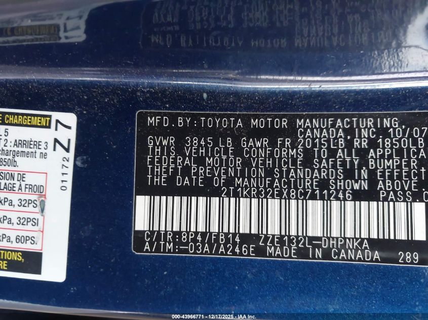 2008 Toyota Matrix Xr VIN: 2T1KR32EX8C711246 Lot: 43966771