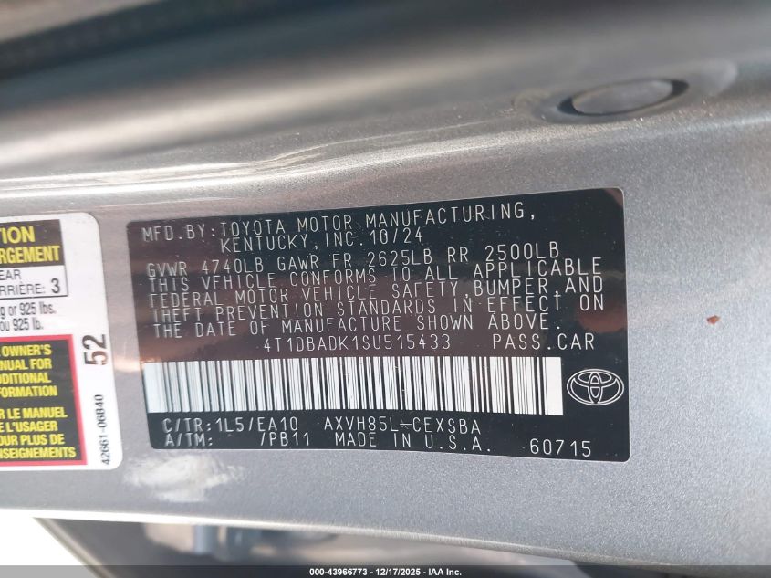 2025 Toyota Camry Se VIN: 4T1DBADK1SU515433 Lot: 43966773