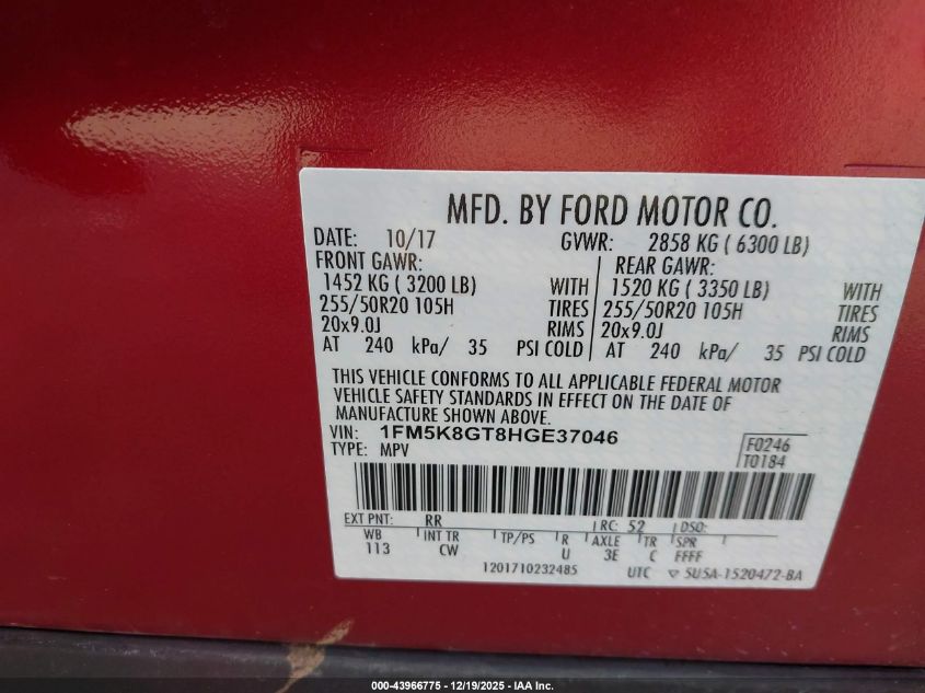 2017 Ford Explorer Sport VIN: 1FM5K8GT8HGE37046 Lot: 43966775