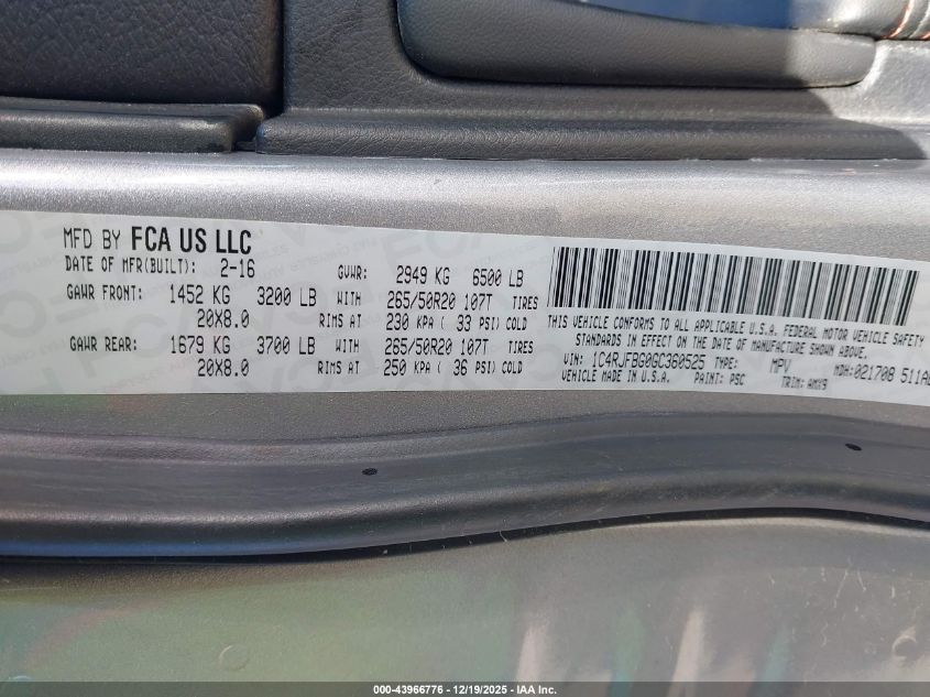 2016 Jeep Grand Cherokee Limited 75Th Anniversary VIN: 1C4RJFBG0GC360525 Lot: 43966776