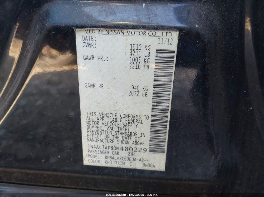 2013 Nissan Altima 2.5 Sl VIN: 1N4AL3AP8DN480229 Lot: 43966780