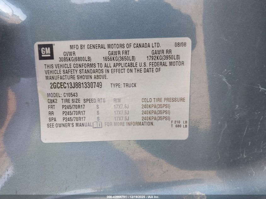 2008 Chevrolet Silverado 1500 Lt1 VIN: 2GCEC13J881330749 Lot: 43966781