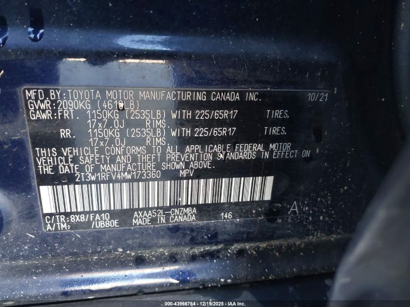 2021 Toyota Rav4 Xle VIN: 2T3W1RFV4MW173360 Lot: 43966784