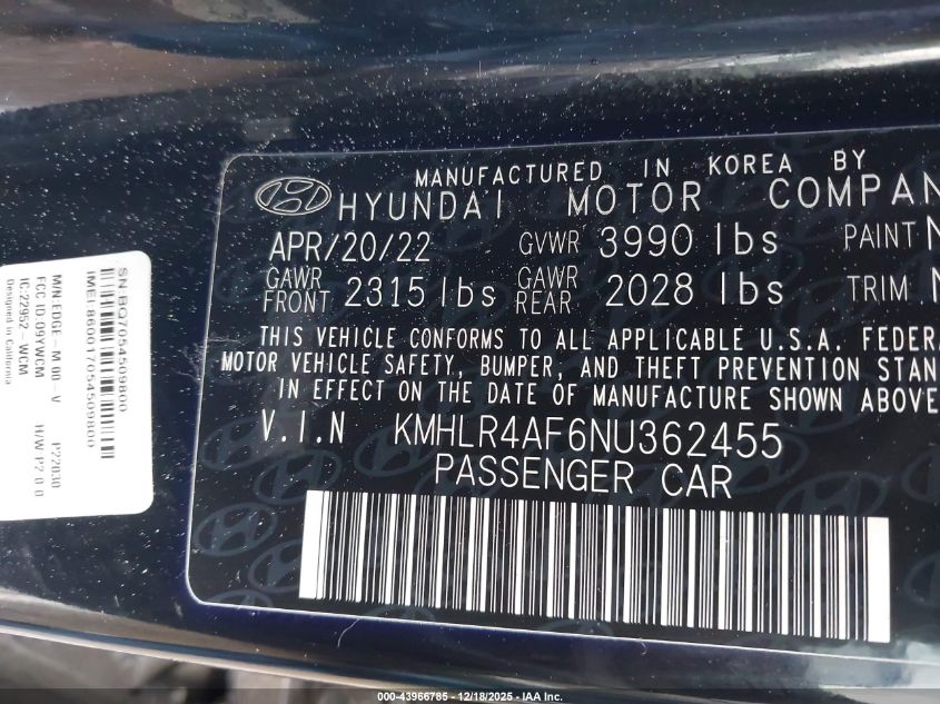 2022 Hyundai Elantra N Line VIN: KMHLR4AF6NU362455 Lot: 43966785