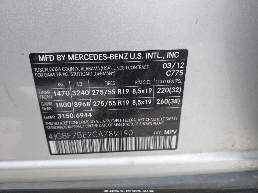 2012 Mercedes-Benz Gl 450 4Matic VIN: 4JGBF7BE2CA789190 Lot: 43966786