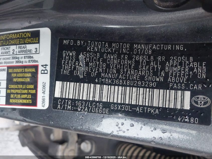 2008 Toyota Avalon Limited VIN: 4T1BK36BX8U293290 Lot: 43966788