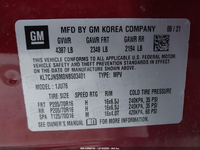 2022 Chevrolet Trax Awd Ls VIN: KL7CJNSM0NB503401 Lot: 43966793