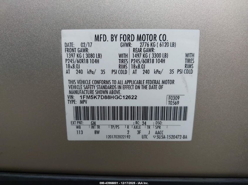 2017 Ford Explorer Xlt VIN: 1FM5K7D88HGC12622 Lot: 43966801