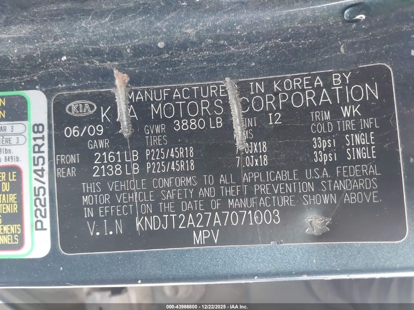 2010 Kia Soul + VIN: KNDJT2A27A7071003 Lot: 43966800