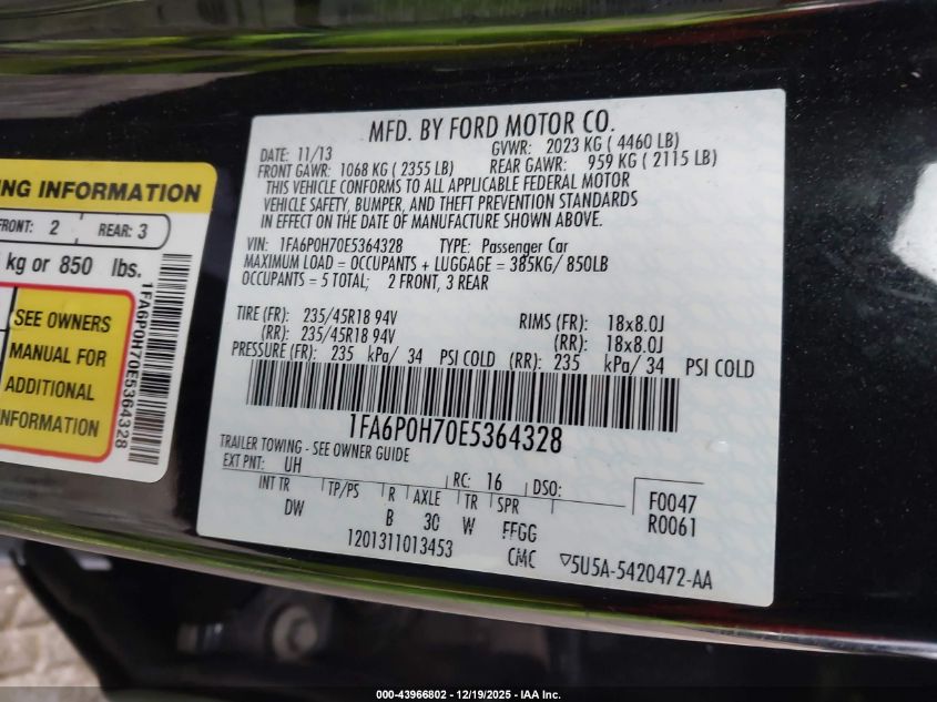 2014 Ford Fusion Se VIN: 1FA6P0H70E5364328 Lot: 43966802