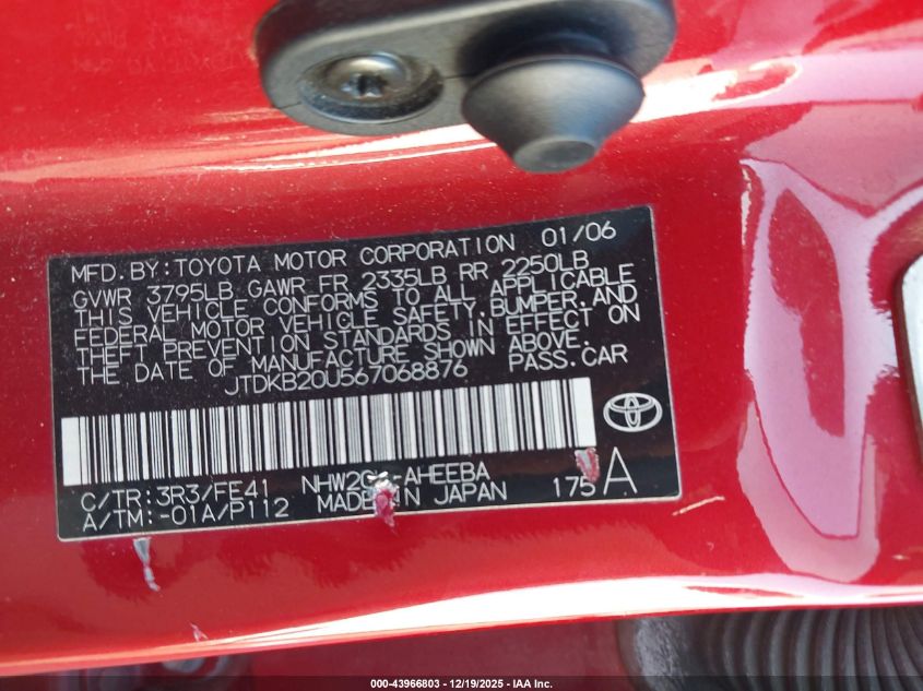 2006 Toyota Prius VIN: JTDKB20U567068876 Lot: 43966803