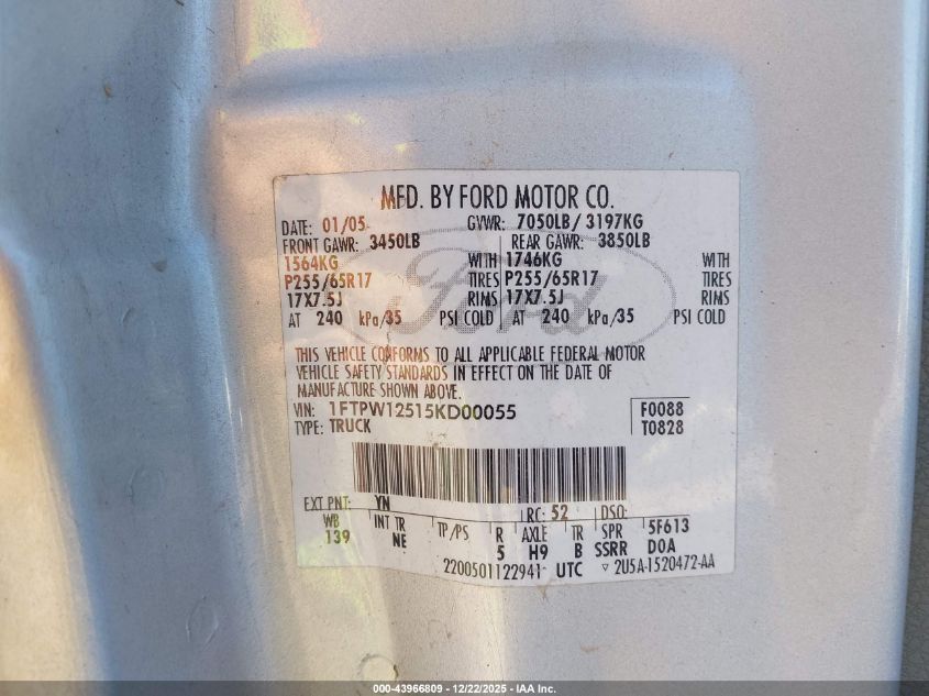 2005 Ford F-150 Lariat/Xlt VIN: 1FTPW12515KD00055 Lot: 43966809