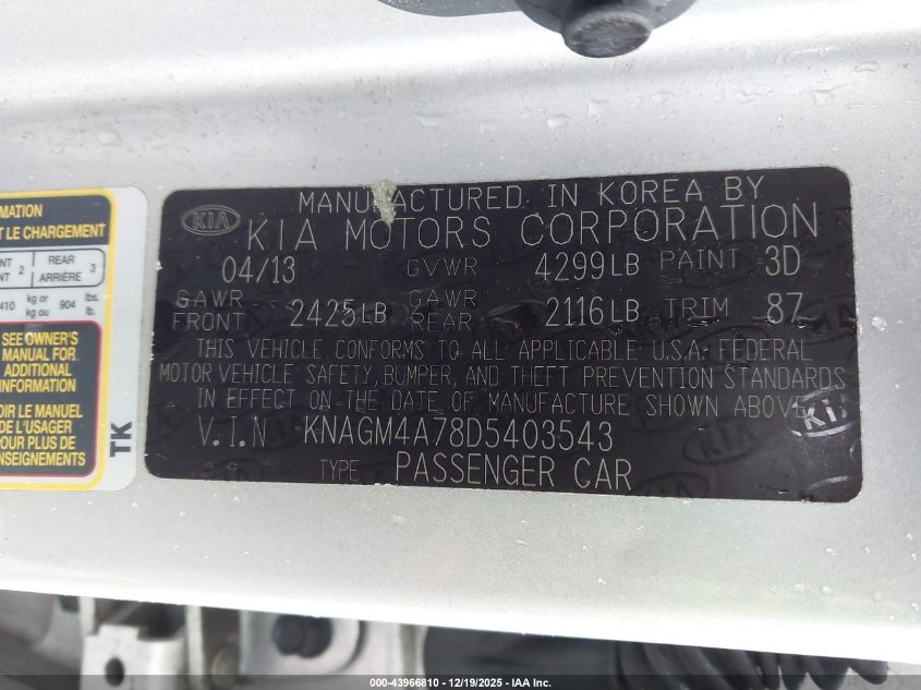 2013 Kia Optima Lx VIN: KNAGM4A78D5403543 Lot: 43966810