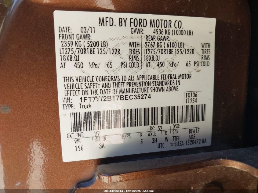 2011 Ford F-250 Xlt VIN: 1FT7W2BT7BEC35274 Lot: 43966814