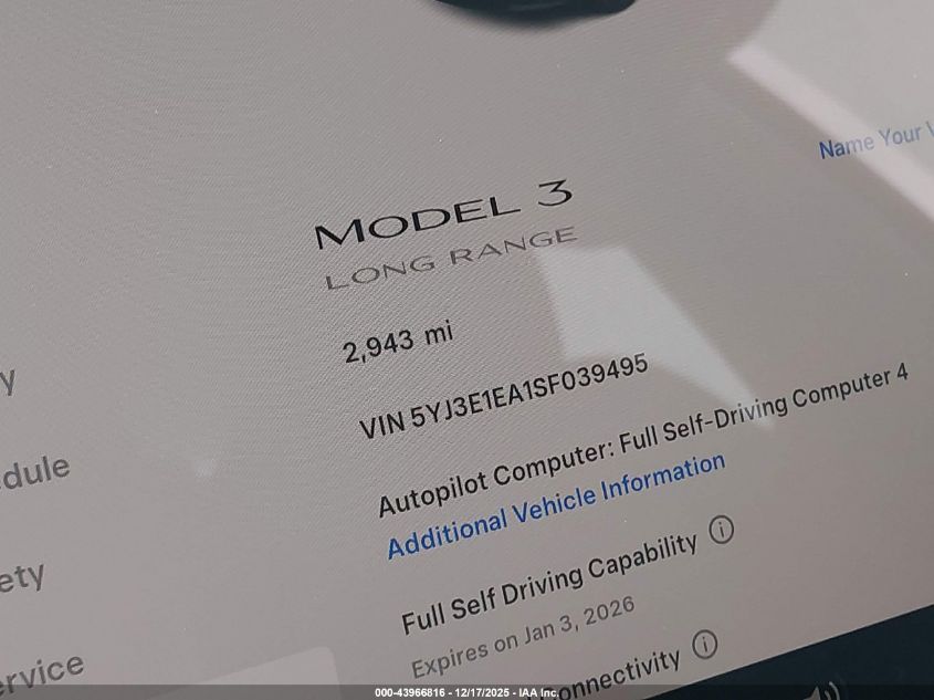 2025 Tesla Model 3 Long Range Rear-Wheel Drive/Standard Rear-Wheel Drive VIN: 5YJ3E1EA1SF039495 Lot: 43966816