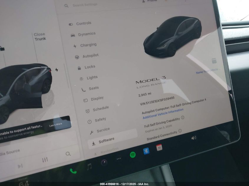 2025 Tesla Model 3 Long Range Rear-Wheel Drive/Standard Rear-Wheel Drive VIN: 5YJ3E1EA1SF039495 Lot: 43966816