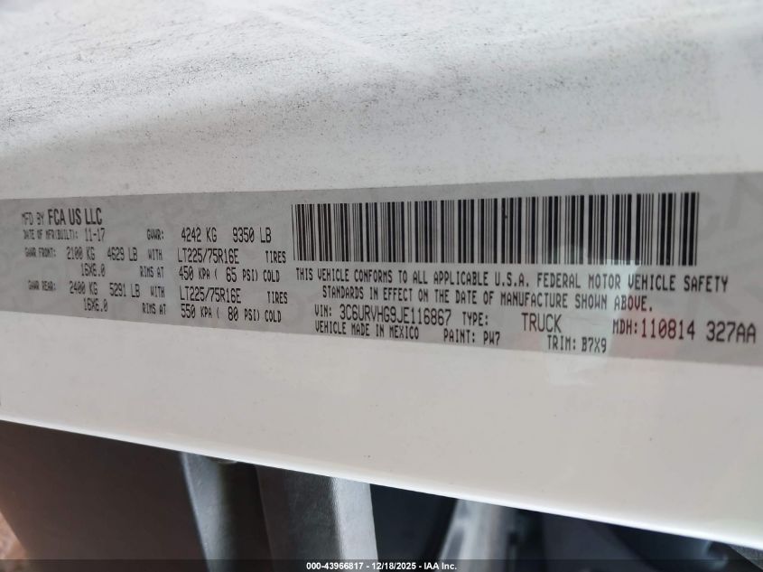 2018 Ram Promaster 3500 High Roof 159 Wb VIN: 3C6URVHG9JE116867 Lot: 43966817