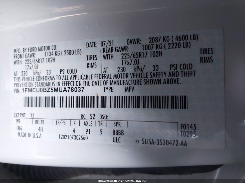 2021 Ford Escape Se Hybrid VIN: 1FMCU0BZ5MUA78037 Lot: 43966818