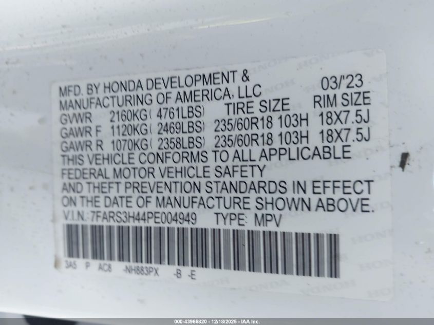 2023 Honda Cr-V Ex 2Wd VIN: 7FARS3H44PE004949 Lot: 43966820