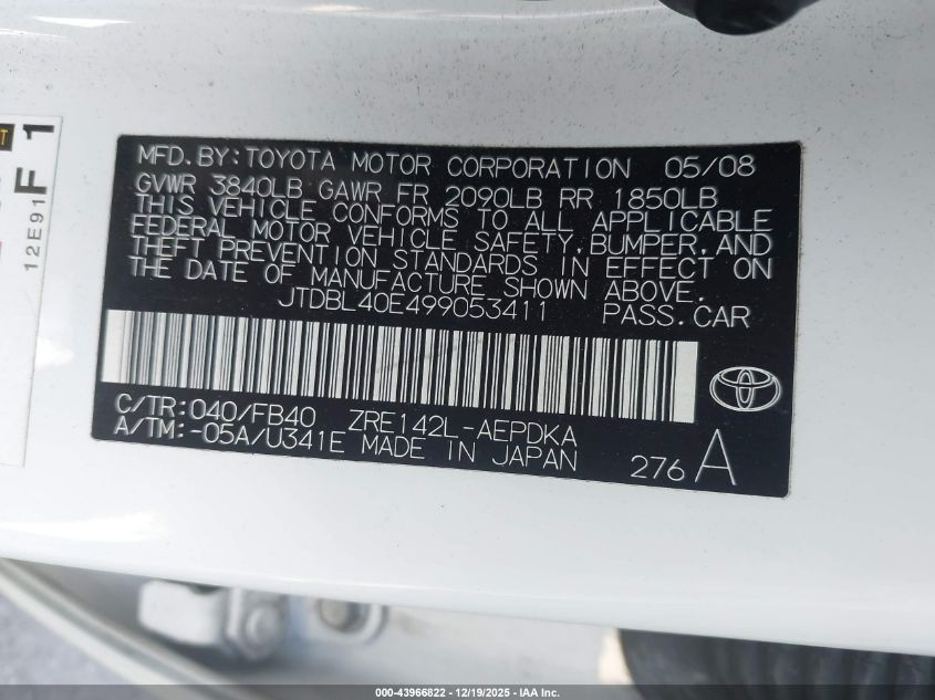 2009 Toyota Corolla Le VIN: JTDBL40E499053411 Lot: 43966822