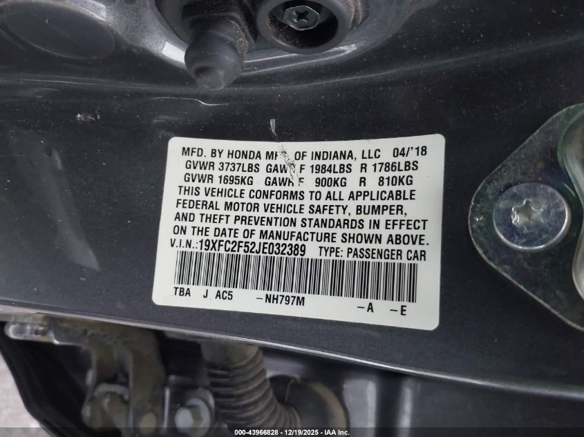 2018 Honda Civic Lx VIN: 19XFC2F52JE032389 Lot: 43966828