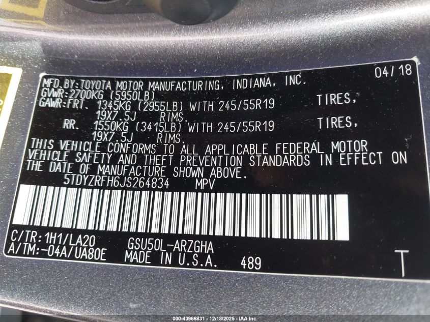 2018 Toyota Highlander Limited Platinum VIN: 5TDYZRFH6JS264834 Lot: 43966831