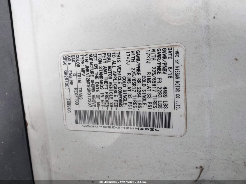 2016 Nissan Rogue S VIN: JN8AT2MT8GW012307 Lot: 43966832