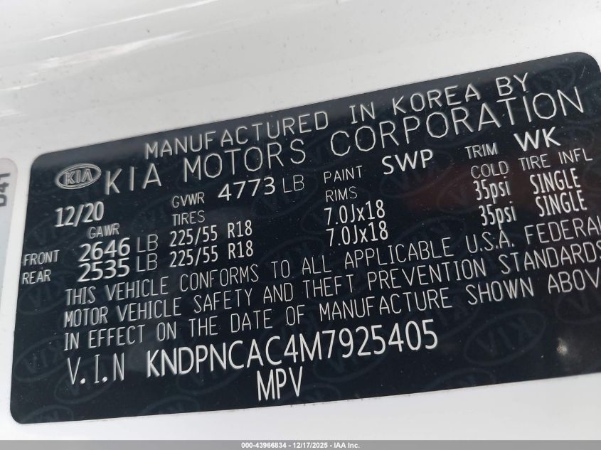 2021 Kia Sportage Ex VIN: KNDPNCAC4M7925405 Lot: 43966834