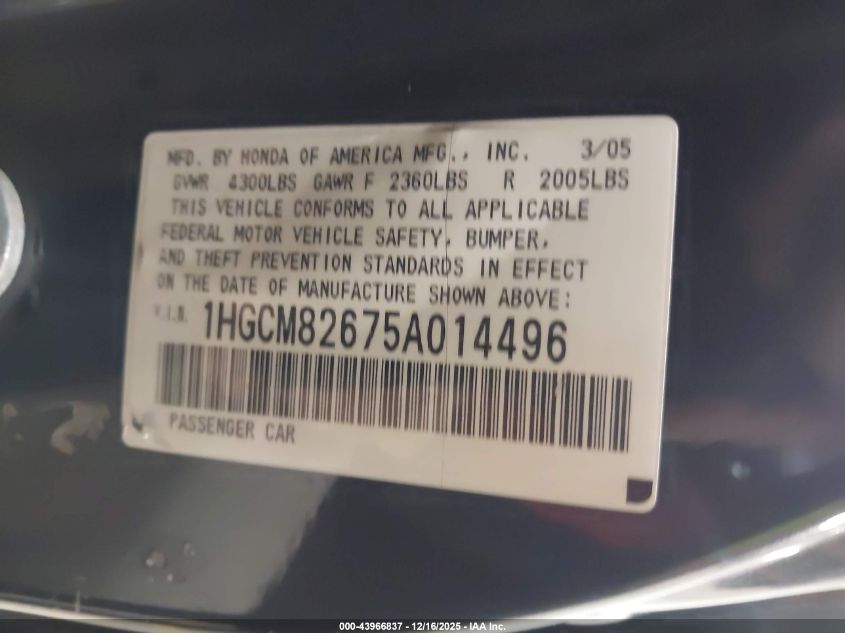 2005 Honda Accord 3.0 Ex VIN: 1HGCM82675A014496 Lot: 43966837