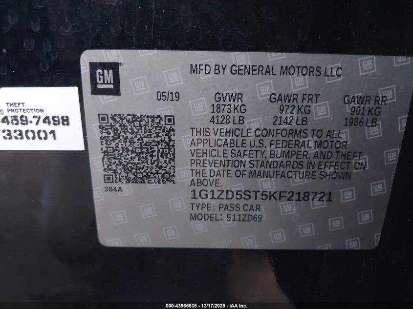 2019 Chevrolet Malibu Lt VIN: 1G1ZD5ST5KF218721 Lot: 43966838