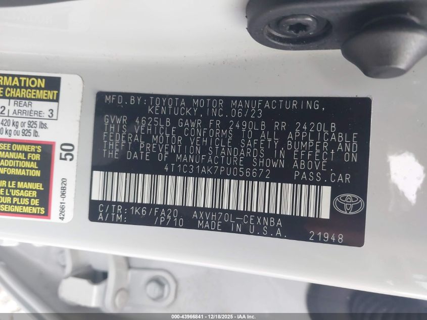 2023 Toyota Camry Le Hybrid VIN: 4T1C31AK7PU056672 Lot: 43966841