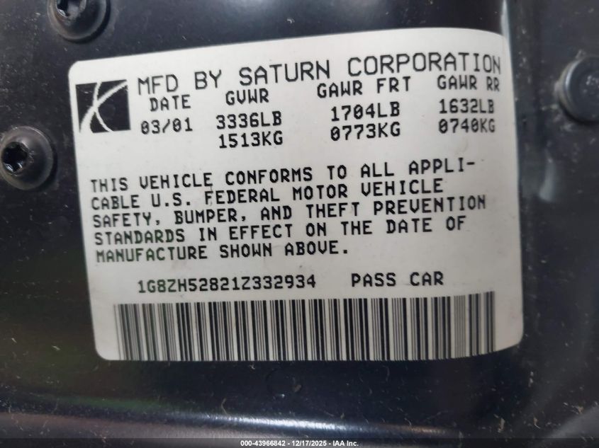 2001 Saturn Sl1 VIN: 1G8ZH52821Z332934 Lot: 43966842