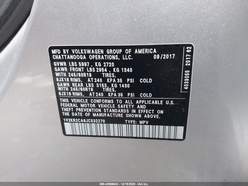 2018 Volkswagen Atlas 3.6L V6 Se VIN: 1V2KR2CA6JC532270 Lot: 43966843