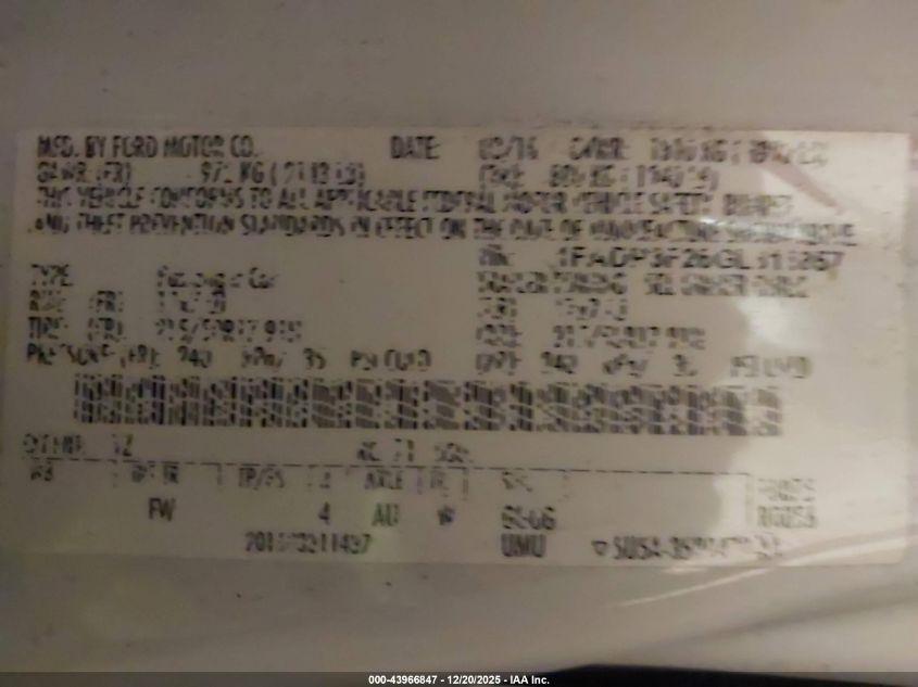 2016 Ford Focus Se VIN: 1FADP3F26GL311857 Lot: 43966847